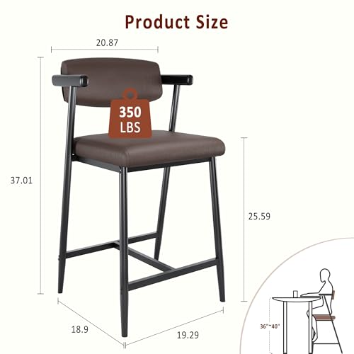 Image of GarveeHome Counter Height Bar Stools of 4 with Armrests, 4 Piece Counter Height Bar Stools Set with Back, Upholstered Seat & Metal Footrest for Kitchen Islands, Counter Bars, Retro Brown