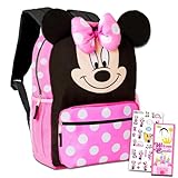 Big Face Minnie Mouse Backpack for Kids Toddlers ~ Premium 14' Minnie School Bag with 3D Ears and Puffy Bow (Minnie Mouse School Supplies Bundle)