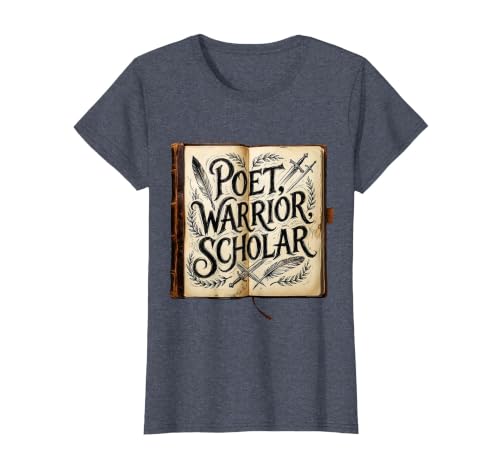 Poet Warrior Scholar Renaissance Design T-Shirt, Women, Heather Blue, Small