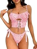 VicSec Conjunto de Lencería para Mujer Sexy Encaje Floral Ropa Interior Erótico Sujetador Apertura Frontal con Cordones y Lazos Mini Dress, Babydoll Transparente Lingerie Mujer Navidad Xmas Chrismas