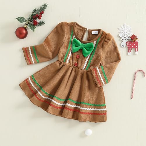 MoZiKQin Toddler Baby Girl Christmas Dress Gingerbread Man Velevt Ruffle Dress Long Sleeve Tutu Dresses Christmas Outfit2
