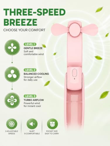 Image of EcoNour Pocket Fan, Pink, Mini Handheld Personal Fan, 3-Speed Portable Cooling Fan for Travel, Office & Outdoor