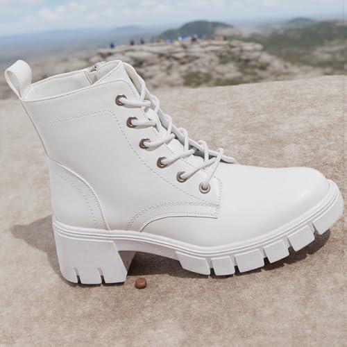 Vepose Women's White Combat Ankle Boots, Platform Chunky Low Heel PU Leather Lace up Botas, Comfortable Casual Military Booties with Side Zipper, 9626, Size 8 US(CJY9626 White 08) by Vepose - Used condition - Image 3