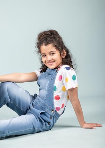 Image of Tweeny Mini Girls Pure Cotton Denim Dungaree for Kids | Relaxed Fit Full Length Overall Outfit with Pockets | Adjustable Straps