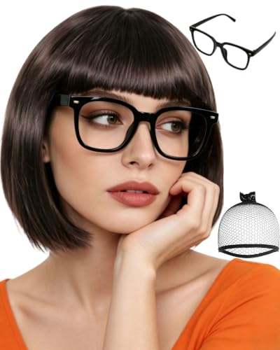 Image of ANOGOL Brown Bob Wig with Bangs Short Anime Wigs Dark Brown Wig for Women