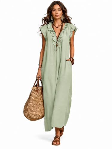 Boho Dresses for Women, Linen Look Maxi Dress V Neck Ruffle Cap Sleeve Loose Long Dress with Pockets, Summer Beach Outfit (Light Green,L)