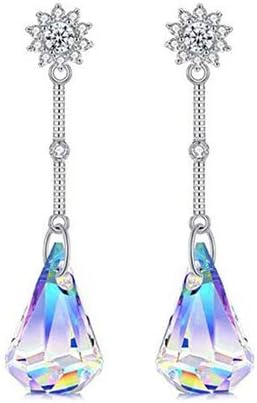 Savlano 14k White Gold Plated Aurora Borealis Austrian Rainbow Multicolor Crystal Tear Drop Cut Stud Dangle Earrings For Women & Men