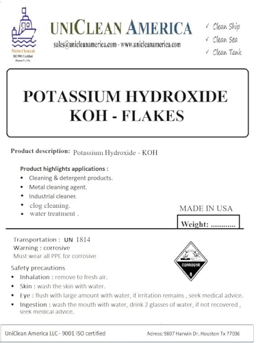 Potassium Hydroxide KOH Caustic Potssium Flakes 99% Purity - Made in USA - Weight: 10lb Bucket