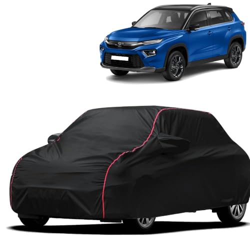 Image of Waterproof Car Cover for Toyota Urban Cruiser | All-Weather Protection, Dustproof & UV Resistant | Triple Stitched Mirror Pockets, Windproof Buckle Strap with Elastic Hem, Black-Red Piping
