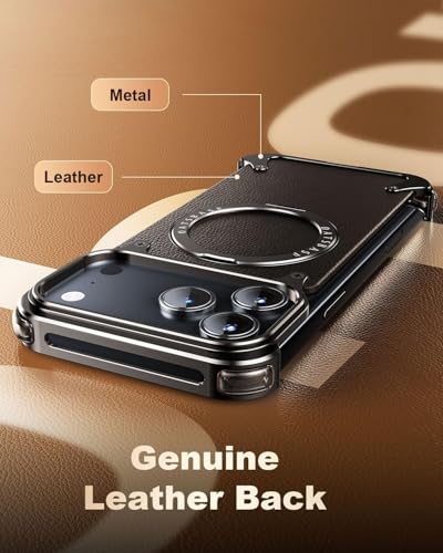 Image of Aluminum Frame Metal Bumper Compatible with iPhone 17 Pro Max | Simple Shield Air Cushion Shockproof | Edge Protection, Minimalist Slim - Black (Frame-Leather -Black, iPhone 17 Pro)