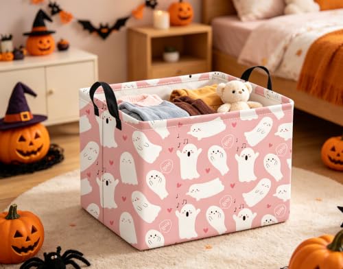 Image of Halloween Basket Cute Baskets for Kids Pumpkin Basket Rectangular Storage Bin Organizer Box Room Decor(Pink Singing Ghost)