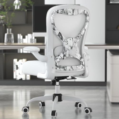 Image of Ergonomic Office Chair for Long Hours and Back Pain Relief, Space-Saving Design with Adjustable Lumbar Support, Flip-Up Arms, 3D Headrest, Tilt & Rock, 330 LBS (White+Marble)