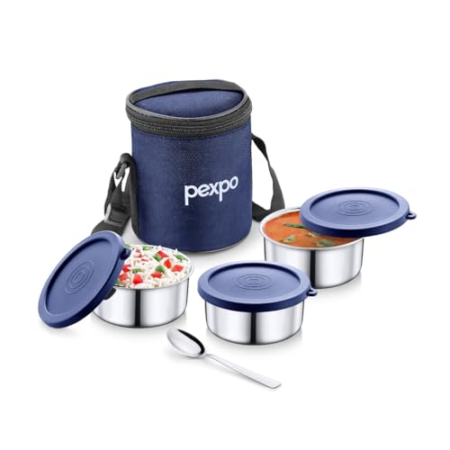 Image of Go24 pexpo Eco Pro-3 Stainless Steel Lunch Box for Men & Women, with 3 Air-Tight Containers (280ml Each), Spoon & Bag - Dark Blue | Easy to Carry & Durable Tiffin Box for Office, School, College