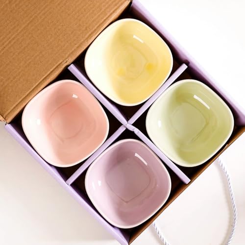 Image of Nestasia Set of 4 Square Ceramic Bowl (200ml) - Daily Use Microwave Safe Bowl for Snacks, Chutney, Rice, Dal, Fruits, Nuts or Dips | Pastel Multicolor Gift Bowl Set with Box for Gifting