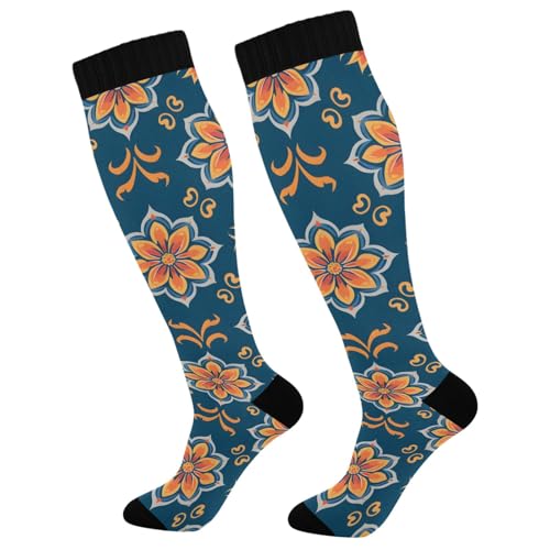 ALAZA Athletic Compression Socks Knee High Socks Stockings for Men European Floral Pattern Women Running Circulation Sport Football