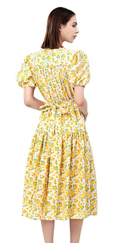 Image of Shineflow Women's Short Sleeve V-Neck 3 /4 Sleeve Button Up Chiffon Floral Pleated Midi Swing Dress with Belt