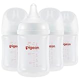 Pigeon PP Nursing Bottle Wide Neck, Anti-Colic, Streamlined Body, Natural Feel, Easy to Clean, 5.4 Oz (Pack of 4), Includes 4pcs SS Nipples (0m+)