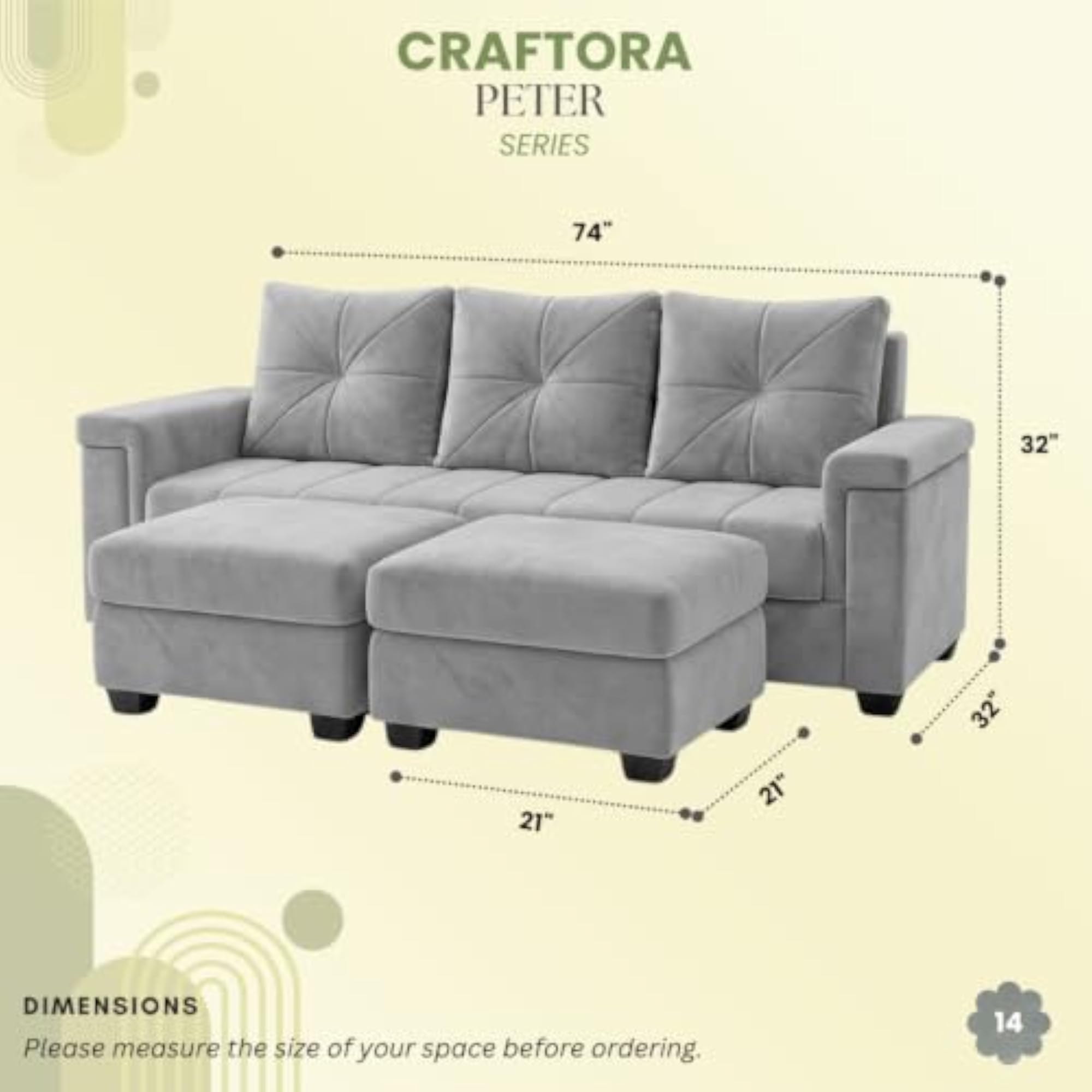 Peter Plush Velvet 5 Seater L Shape Sofa Set with Movable Ottomans