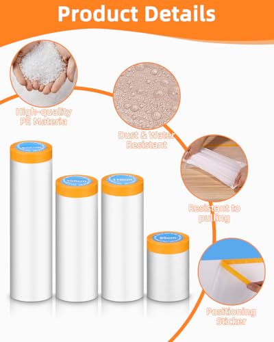 4 Rotoli Pellicola Adesiva Per Mascheratura, Telo Copritutto In Rotolo Bordo Con Nastro Adesivo, 4 Taglie Plastica Telo Di Copertura Con Biadesivo, Telo Protettivo Imbianchino - 3