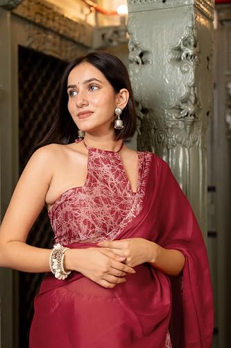 Image of MIRCHI FASHION Women Saree Abstract Print Chiffon | Breathable Lightweight Casual Sari for Regular Use and Office with Unstitched Blouse (Available in 25 Colors)