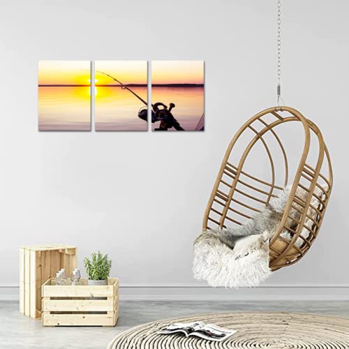 Yeilnm 3 Panels Sunset Fishing Painting Artwork Peaceful Lake Scenery Canvas Print Fishing Rod Picture Painting For Office Home Living Room Bathroom Wall Decor #TOP3