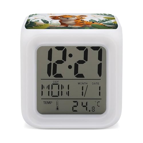 Cartoon Tiger Digital Alarm Clocks with 7 Colors, LED Alarm Clock with Temperature Date Display
