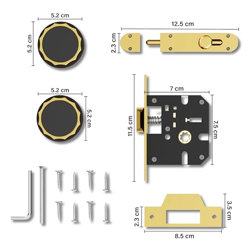 Image of Gloxy Brass Baby Latch Lock for Mortise Keyless Knob Handle Set Mortise Keyless Pull Handle Set with Baby Lock for Kitchen, Room | Gold & Black Finish (2 Years Warranty, Pack of 1)