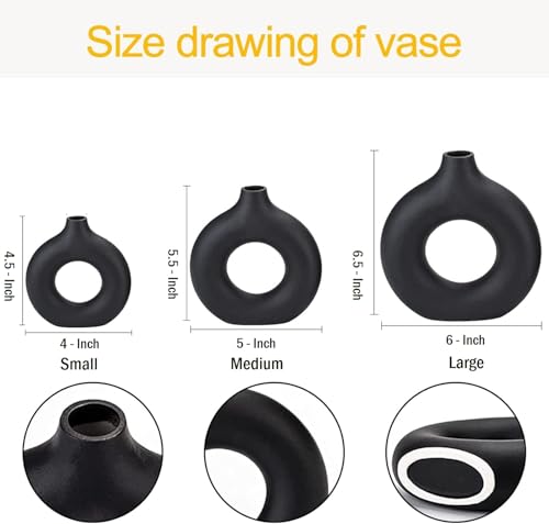 Image of Black Donut Vase Ceramic Vases for Flowers Handmade Minimalist Style Modern Home Decor Round Shape Table Party Living Room Office Bedroom (Set of 3)