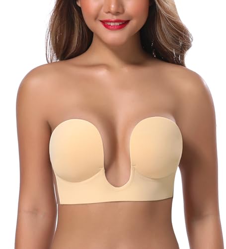 Image of JOATEAY Sticky Bra - Deep Plunge Strapless Push Up Reusable Underwire Adhesive Bra for Women Backless Dress Partywear Wedding