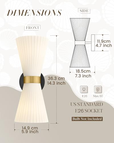 Image of Wall Sconces Set of Two, HWH 14.3 Inch Black and Gold Bathroom Sconces with Frosted Milk White Striped Glass, Up Down Modern Wall Light fixtures for Living Room Bedroom, 5HZG97B-2W-2PK BK+BG
