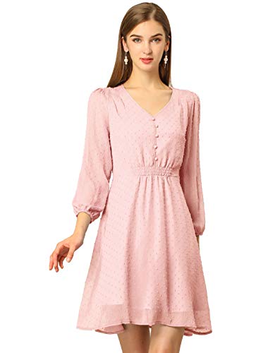 Allegra K Women s Swiss Dots Elastic Waist 3 4 Sleeve A-line Solid Flowy Chiffon Dress Small Pink