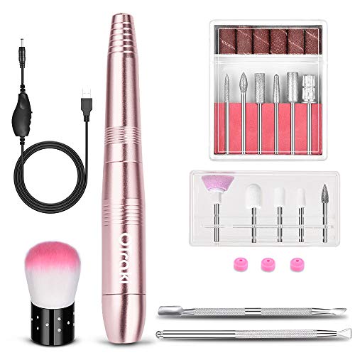 OTraki Portable Electric Nail Drill for Acrylic Gel Nails Polishing 20000RPM Professional Nail File Set USB Powered Manicure Pedicure Polisher with 11pcs Changeable Drill Bits and 6pcs Sand Bands