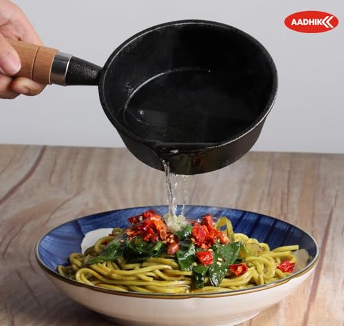 Image of AADHIK Cast Iron Tadka Pan Vaghar Chounk Pan | Small Frying Tempering Kadai | Kitchen Accessories | 100 ml Pre Seasoned Iron Pan | Gas Stove Compatible for Dal Spices & Quick Fry