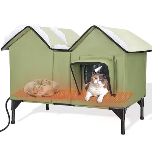 Heated Cat House, Extra Large Heated Outdoor Cat House Weatherproof with Heating Pad for Winter, Elevated Waterproof Insulated Cat Houses for Outdoor Cats, Warm Feral Cat Shelter (Green)