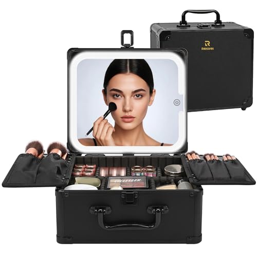 Relavel Makeup Bag with LED Mirror Travel Makeup Cases with 3 Color Lights Large Capacity Cosmetic Train Case for Women Portable Makeup Artist Organizer Bag with Adjustable Dividers