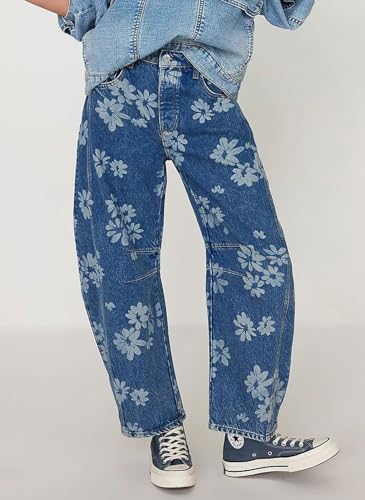 GGUHHU Distressed Barrel Jeans for Women Y2K Wide-Leg Baggy Denim Pants Boyfriend Floral Trousers (X-Large, Floral)2
