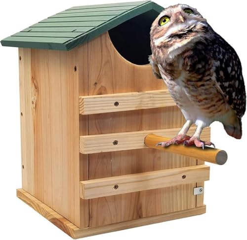 フクロウハウス、オオコノハズクハウス、バードスタンド付き、フクロウの巣箱、メンフクロウのバードハウス、大型手作り木製長方形開口バードボックス、取り付けネジ付き、組み立て簡単