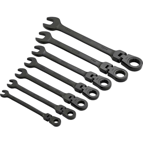 Draper 7 Piece Flexible Head Combination Spanner Set - 15087 - Ratcheting Metric Tool Kit, Black