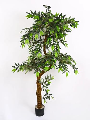 Image of ARICK DECOR 6ft Artificial Ficus Tree with Natural Wood Trunk, Large Lifelike Faux Floor Plant for Indoor Home Office Decor, Lush Green Silk Leaves in Black Pot - 180cm