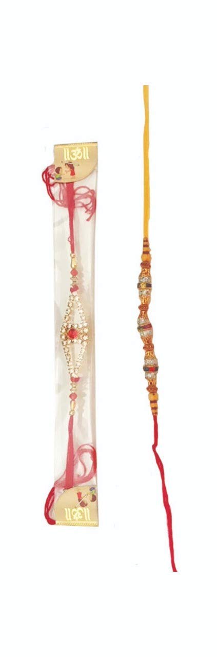 Magpie Collection Different Pattern Pearl Beads Stone Rakhi Set with Roli Chawal for Brother Bhaiya Bhabhi (Multicolour) - Pack of 2 Rakhis