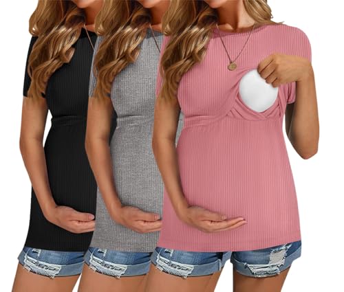 Ekouaer Womens Nursing Tops 3 Pack Short Sleeve Ribbed Breastfeeding Shirts Double Layer Maternity...