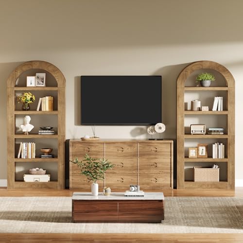 Image of Tribesigns 70.9'' Tall Arched Bookshelf with Storage, 5-Tier Wooden Open Bookcase Display Shelves Organizer for Living Room, Bedroom, Library, or Office, Natural, 2PC