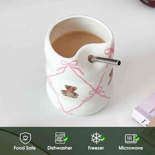 Taza de cerámica rosa con pajilla 12oz diseño oso miniatura 4