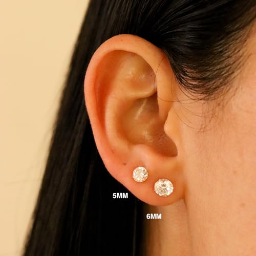 14k Gold Cubic Zirconia Stud Earrings for Women & Men (2mm-6mm Diameter) - CZ Simulated Diamond, Real Solid 14K Gold, Secure Screw Back3