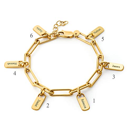 Myka - Personalized Paperclip Link Chain Bracelet With Engraved Dangling Charms - Custom Jewelry For Christmas, Xmas, Mother’s Day, Birthday, Summer - Gift For Women, Her, Wife, Mother, Grandmother / 925 Sterling Silver, 18K Gold & Rose Gold Plating, Vermeil #TOP1
