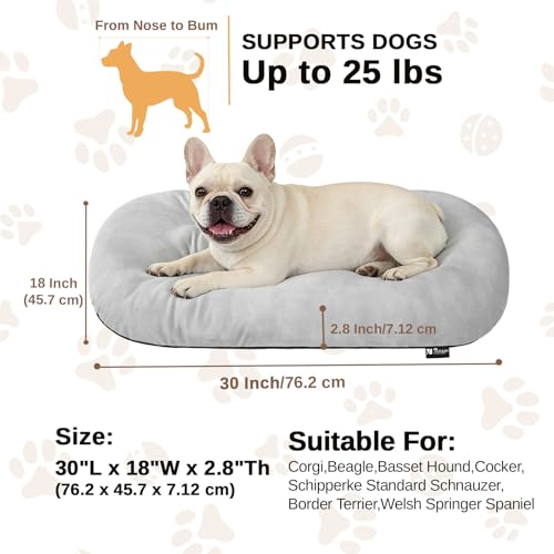Image of Washable Oval Medium Dog Bed, Silver-Tipped High-Resilience, Light Gray | Non-Slip Bottom Prevents Sliding, Soft Plush Short Fur, Machine Washable, Ideal for Crates /Apartments /Cozy Nooks,29 inchx18 inchx2.8 inch