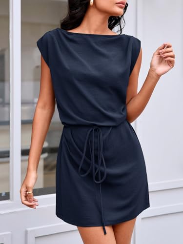 Image of Wenrine Womens 2026 Summer Mini Dress Casual Sleeveless Tie Waist Loose Ruched Beach Vacation Short Sundresses