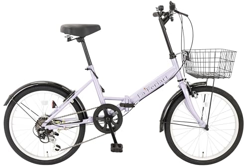 【スピードワールド】自転車 折り畳み自転車 折りたたみ 20インチ 6段変速 20インチ 軽量 スチールフレーム 通勤 通学 大人 カゴ・泥除け・ライト・カギ付き 「組立動画あり」 (ラベンダー)