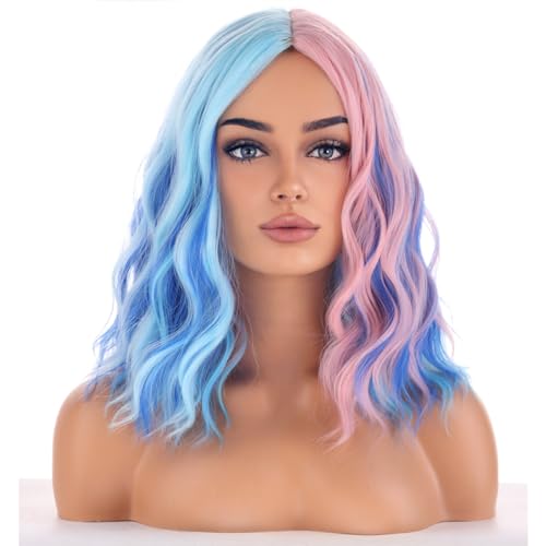 Image of BERON Blue and Pink Wigs for Women Short Curly Bob Wavy Wig Girls Colorful Body Heat Resistant Synthetic Hair Wig Cosplay Daily Party Wigs