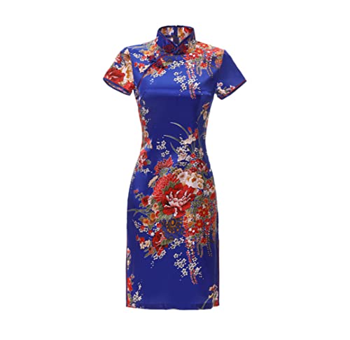 Robe chinoise traditionnelle bleu satin col mandarin femme XXXL